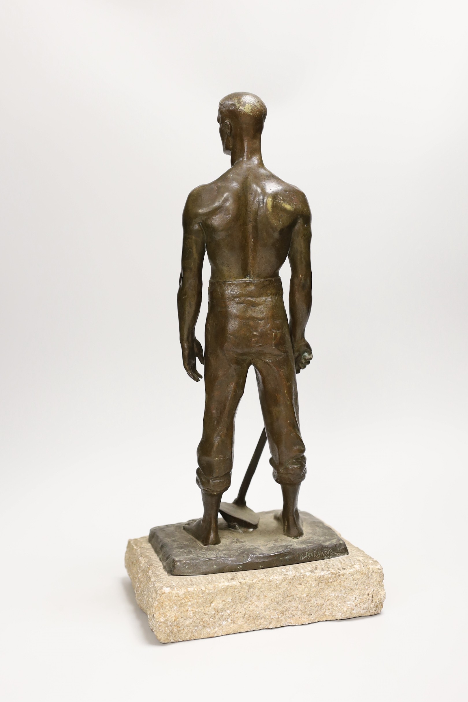 An early 20th century bronze figure of a worker. Signed N. Barabotti Nice, to rear of base. 43cm